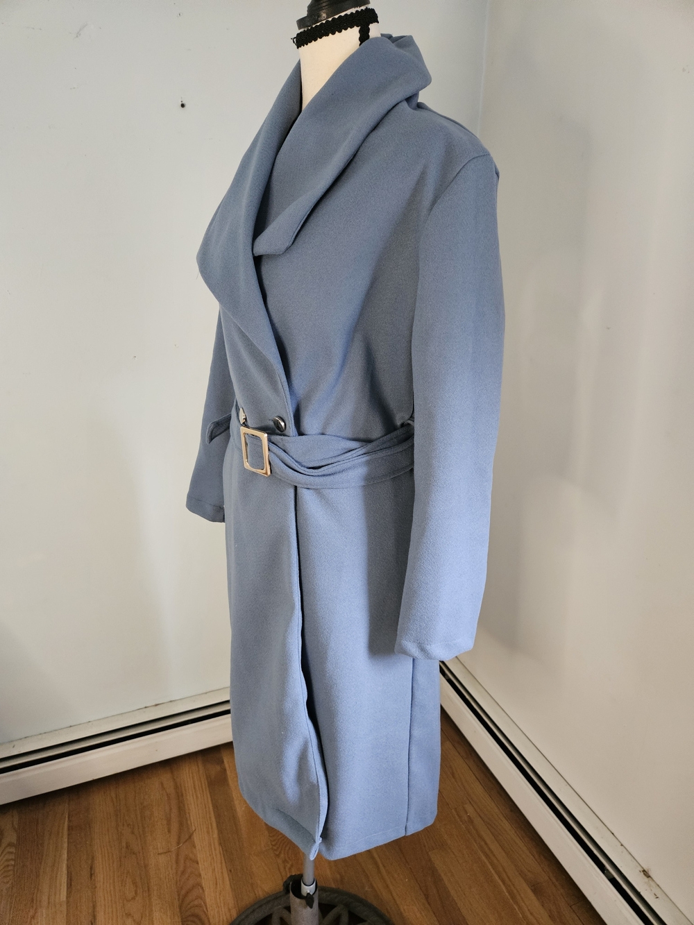 Women's Dusty Blue Belted Wrap Coat - Picture 5 of 9